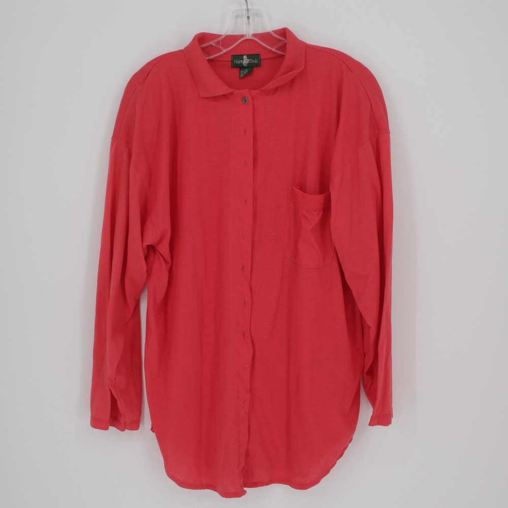 Hunt Club Vintage Women's Coral Pink Long Sleeve Button Front Polo Shirt Size M